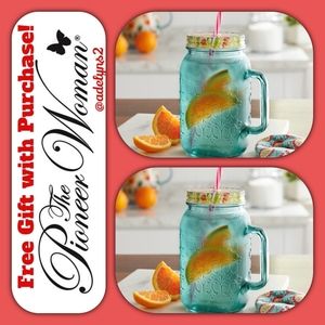 🌺 New Pioneer Woman Teal Blue 32 oz Mason Jar Glasses, Set of 2